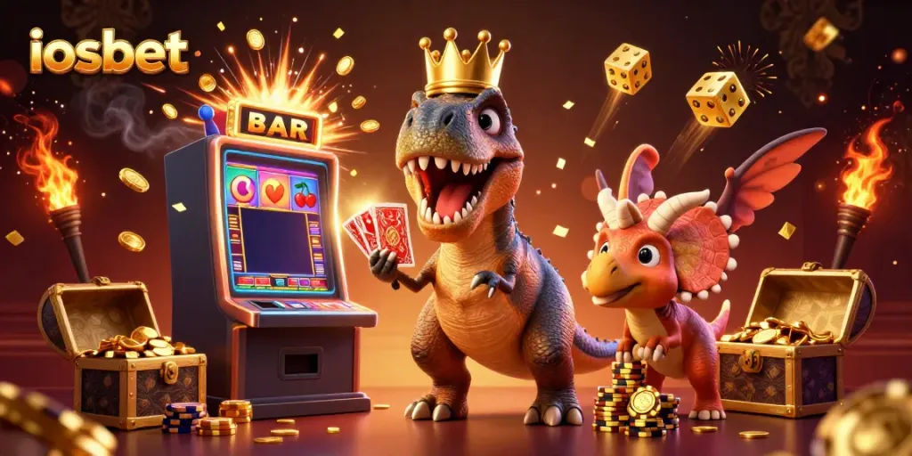 Permainan menarik iosbet dengan T-Rex mengocok kartu dan Triceratops menyusun chip emas.