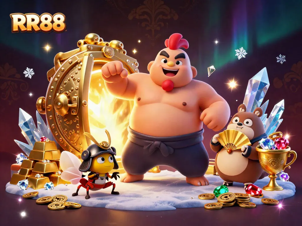 RR88 brings excitement with a dynamic 3D casino illustration featuring characters amidst riches.