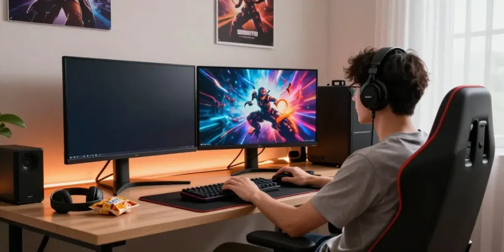 Pengguna SERIBUTOTO bermain dalam suasana gaming modern dengan aksesori dan pencahayaan yang menarik.