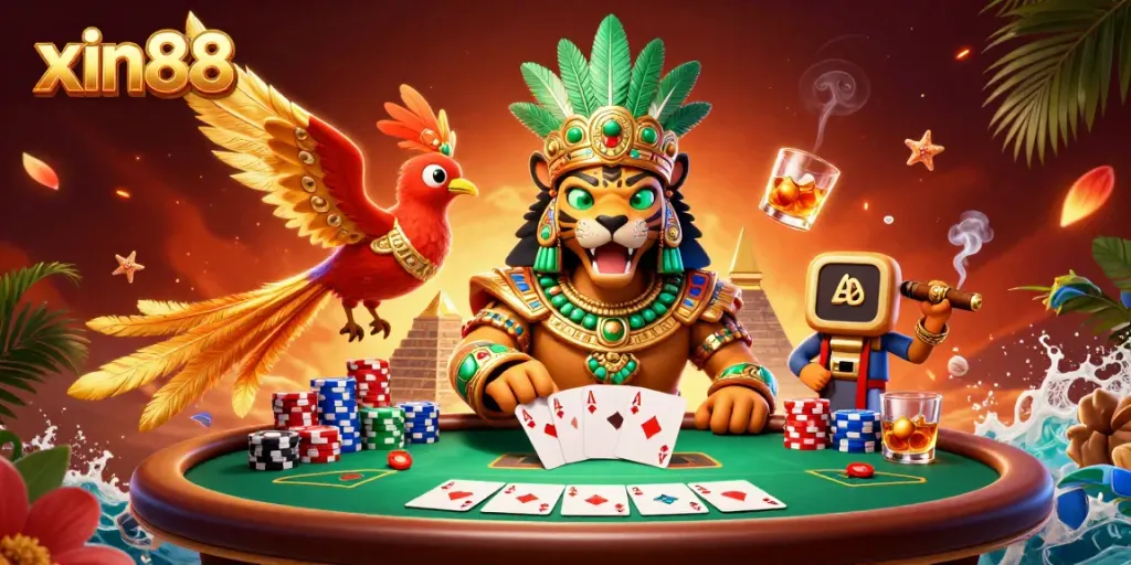 Play casino games at xin88 with vibrant characters and poker atmosphere.