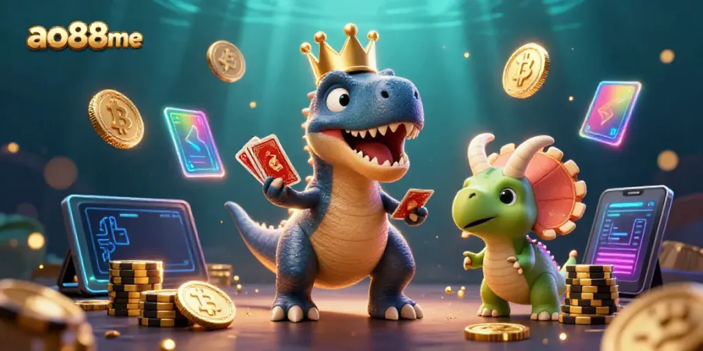 Engage with the unique ao88me casino experience featuring a T-Rex and friends in a vibrant gaming scene.