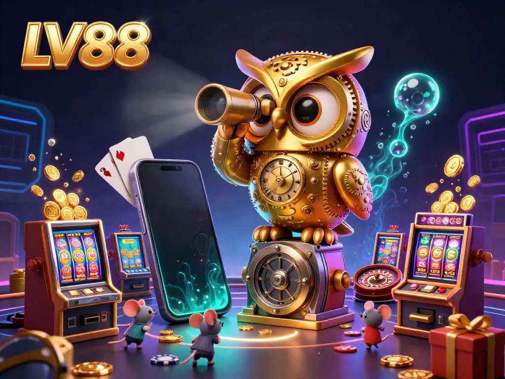 Engage with LV88’s thrilling casino experience featuring a golden owl, vibrant slot games, and energetic gameplay.