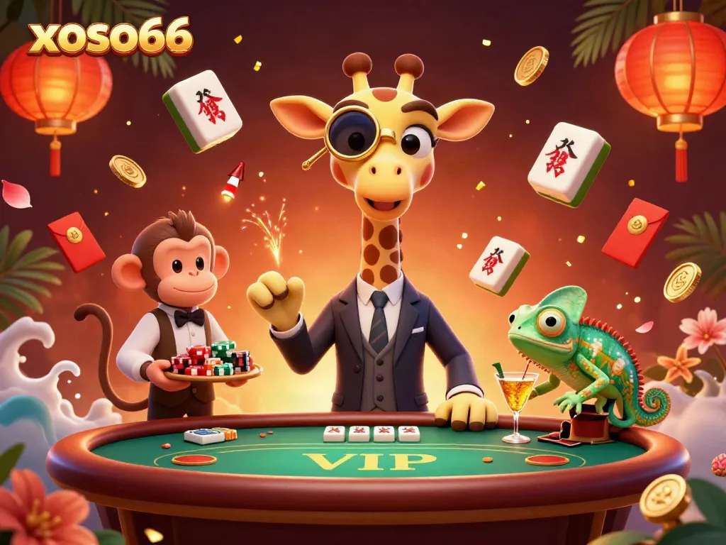 Experience the excitement of xoso66 with a high-roller giraffe and gaming characters in a vibrant casino scene.