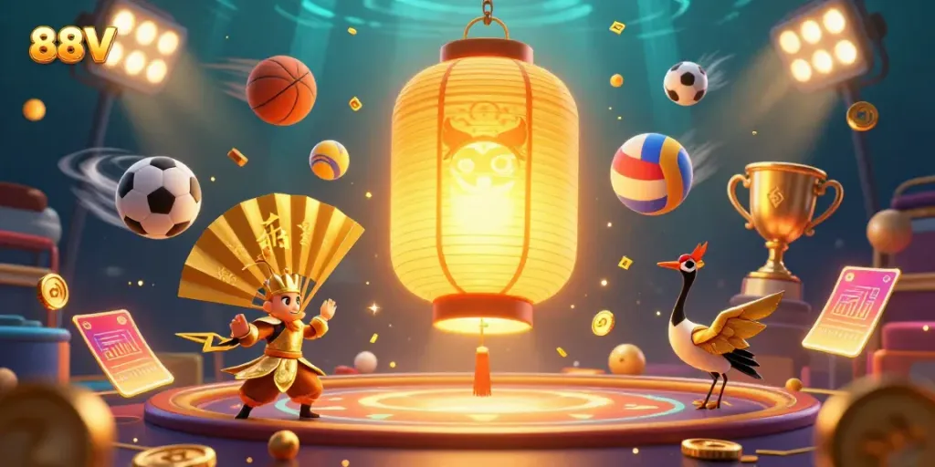 Experience the excitement of 88VV with golden lanterns, dynamic sports elements, and vibrant casino scenes in 3D.