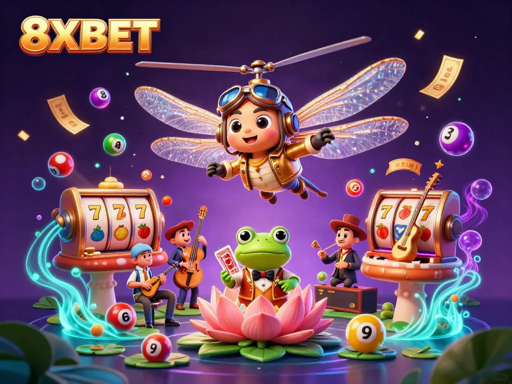 Experience thrilling gameplay at 8XBET with vibrant slot games and captivating characters in a dynamic casino scene.