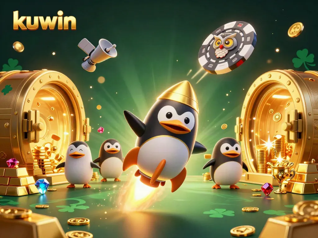 Kuwin-themed casino illustration featuring a golden penguin and poker chip space station, showcasing excitement and fortune.