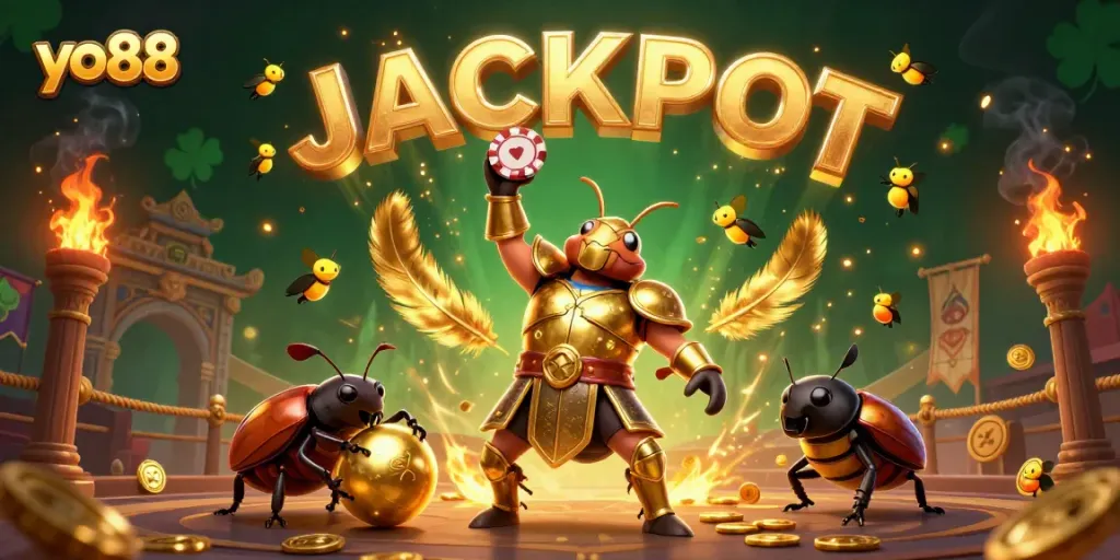 Engage with the joy of winning at yo88 with vibrant illustration of a beetle in gladiator armor and emblematic jackpot.