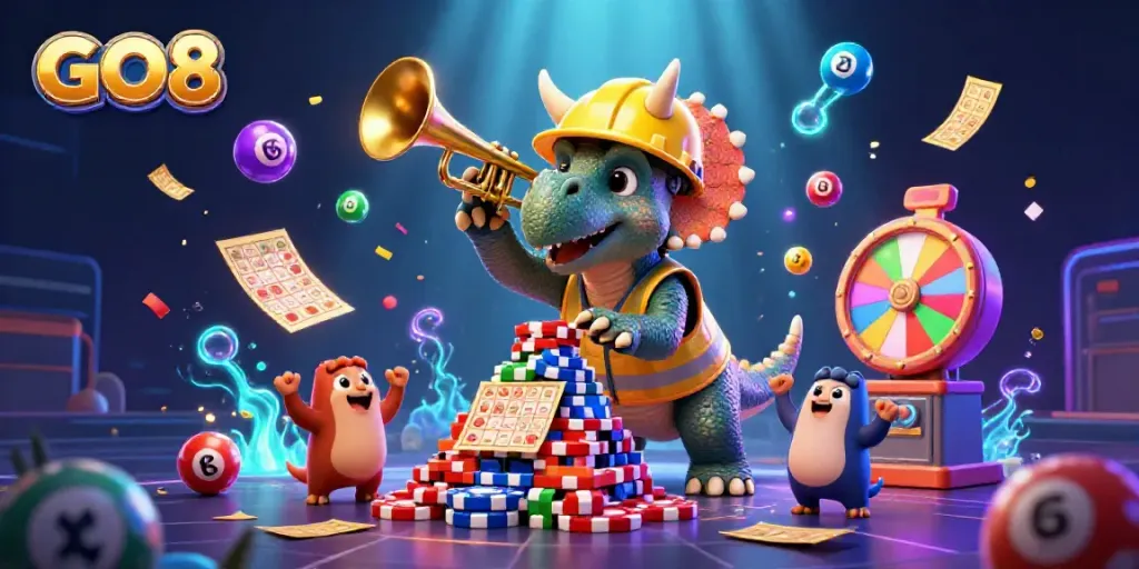 Engage with GO8: Triassic-themed casino action with 3D characters and vibrant game elements.