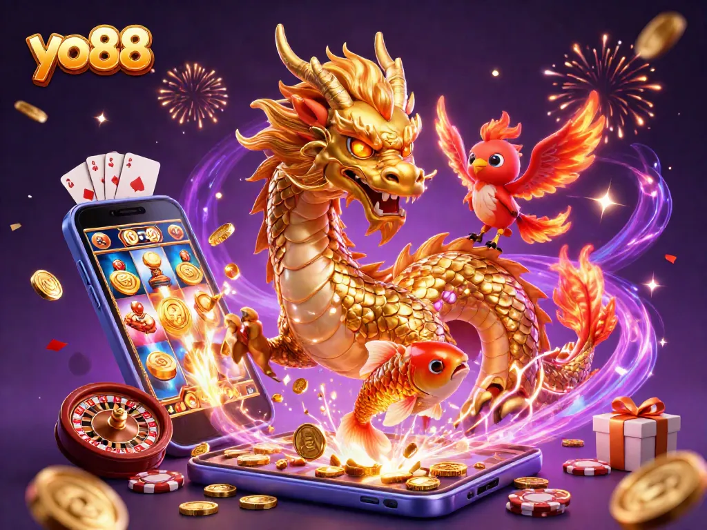 Spin the reels with yo88 while a dragon, phoenix, and koi fish dance through coins and casino elements.