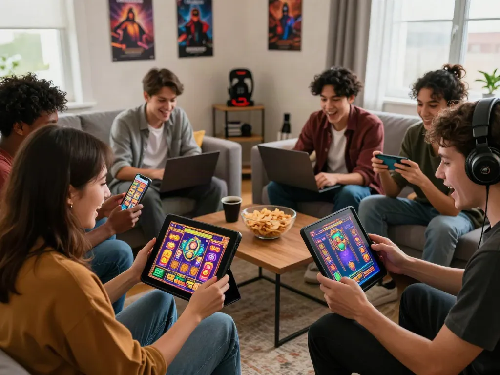 Players enjoying lumbung88 slot games in a lively home setting, showcasing excitement and friendship.
