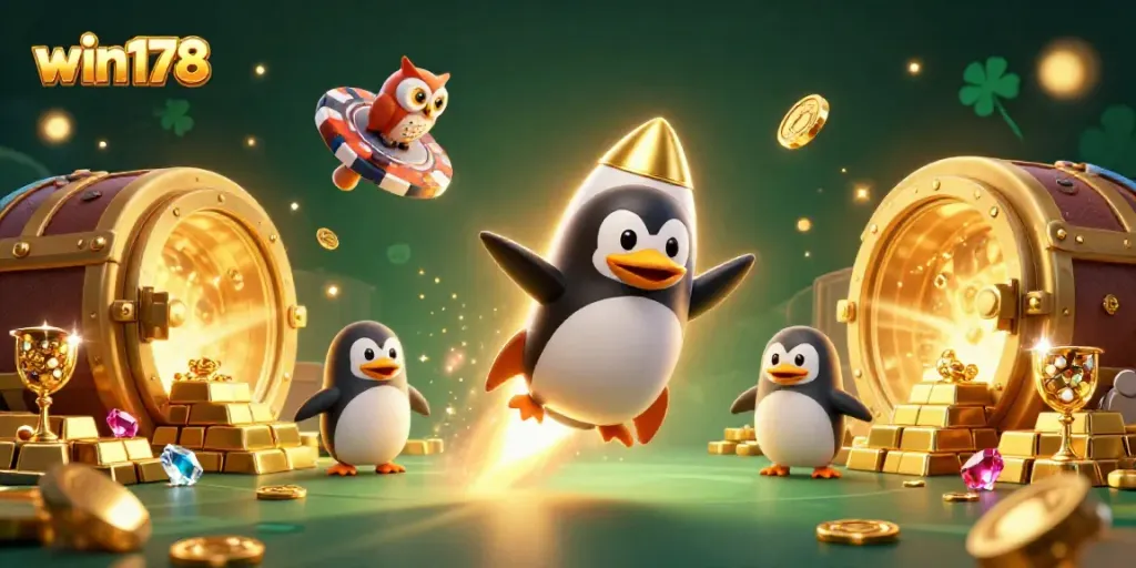 Experience win178's thrilling adventure with a golden penguin in a lavish casino galaxy.