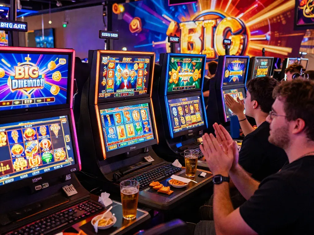 Lumbung88 gaming players enjoying thrilling slot games with colorful LED displays and exciting wins.