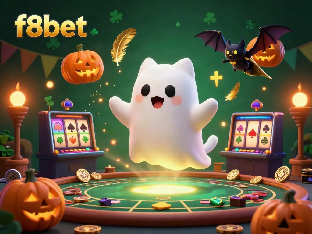 Experience thrilling casino action with f8bet's ghost cat and vampire bat in a haunted gaming scene.