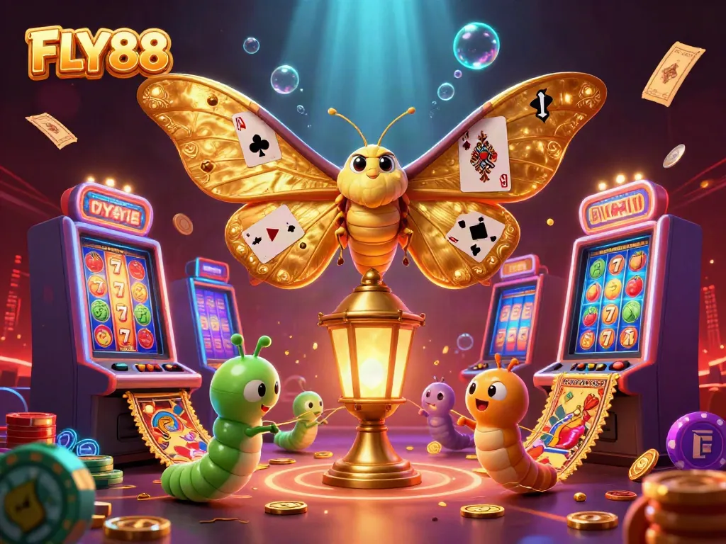 FLY88 showcases a vibrant casino scene with lively slot machines, golden elements, and dynamic gaming action.