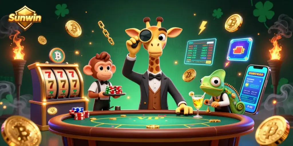 Experience the thrill of winning at Sunwin with vibrant casino elements and engaging characters.
