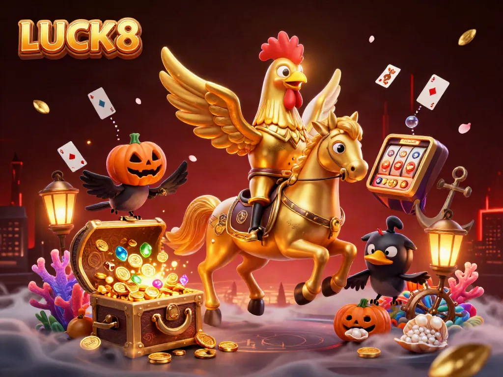 LUCK8 showcases a vibrant casino scene with a golden rooster horseman, treasure, and floating cards.