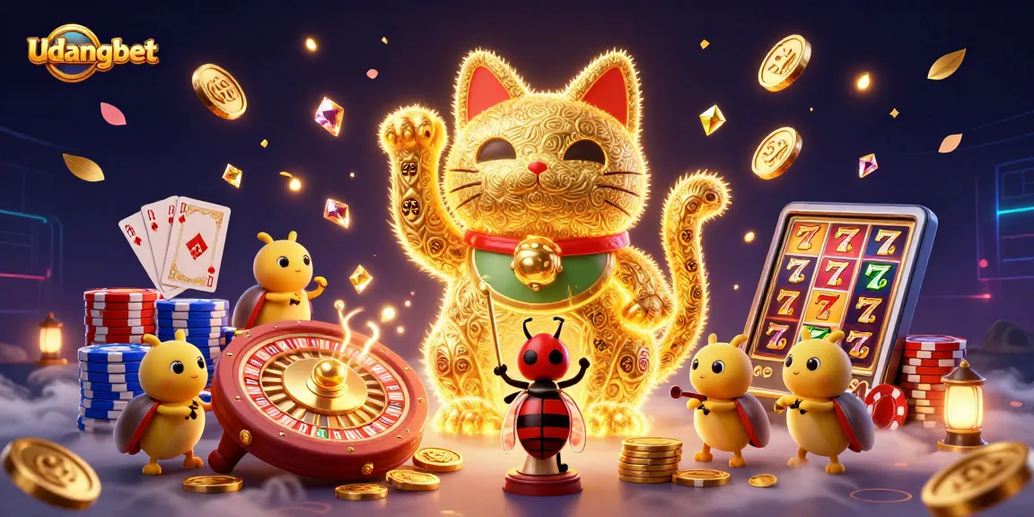 Win big with Udangbet's vibrant 3D illustration featuring a lucky cat and casino elements