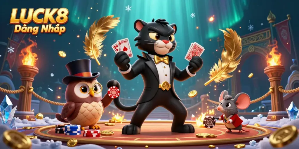 LUCK8 Đăng Nhập - A stylish black panther dealing cards in a vibrant casino scene filled with excitement.