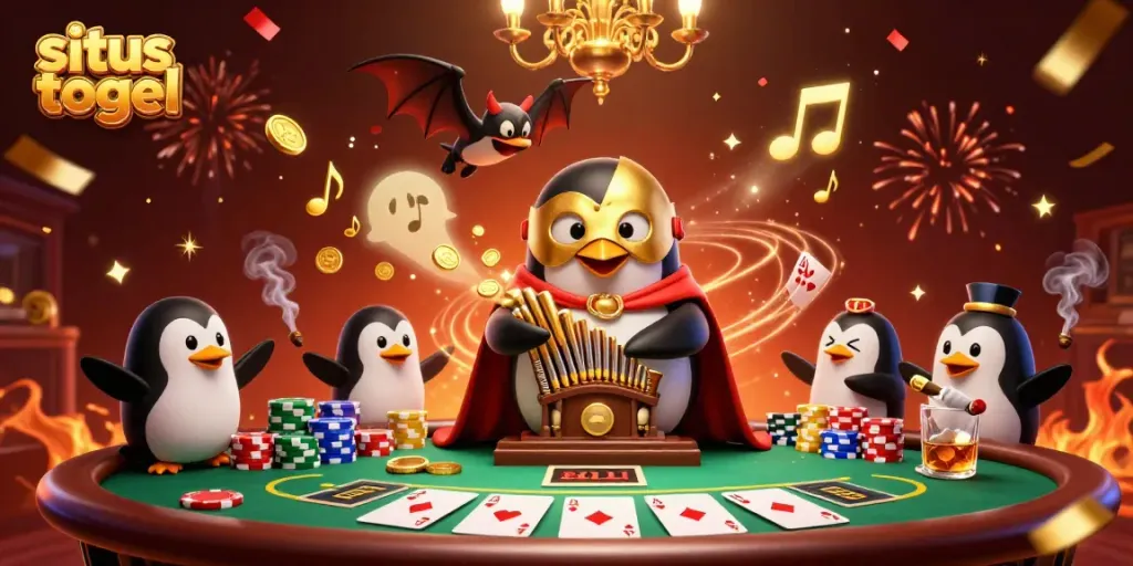 Experience the thrill of situs togel with a vibrant casino scene featuring a phantom penguin and poker elements.