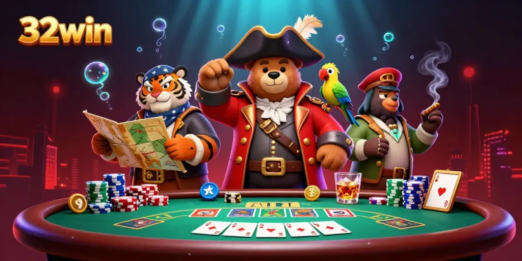 Engage in thrilling gameplay at 32win with a vibrant casino scene featuring poker characters and elements