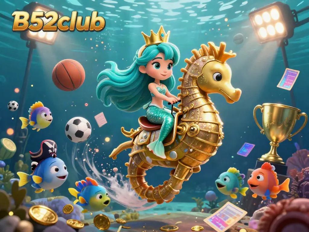B52club brings excitement with a vibrant underwater scene featuring a mermaid princess, giant seahorse, and dynamic sports elements.