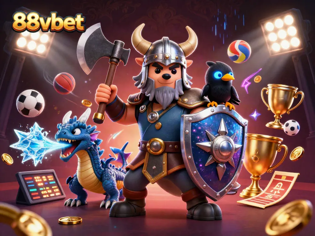 Experience thrilling 88vbet action with a Viking warrior, dragon, and dynamic sports elements in a vibrant scene.