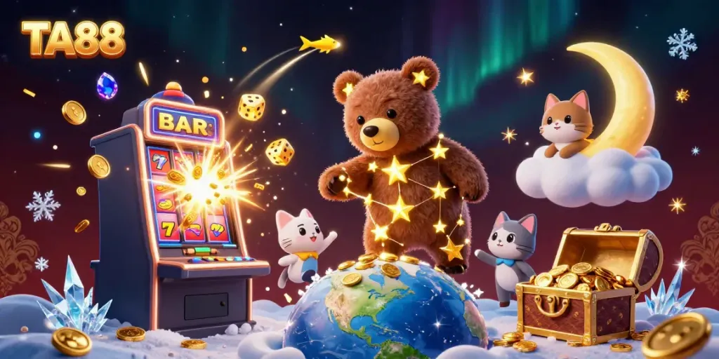Engage with TA88's immersive gaming experience featuring celestial characters and vibrant casino elements.
