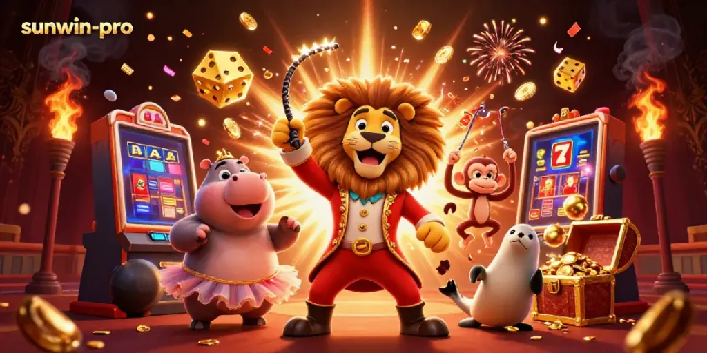 Experience the excitement of sunwin-pro with a vibrant circus-themed casino scene exploding with games and fun.