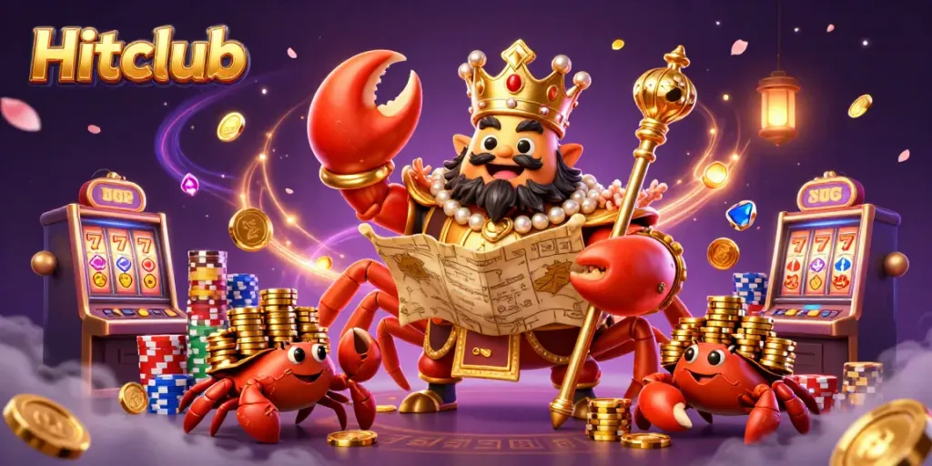 Experience thrilling wins at Hitclub with the golden crab emperor amidst cascading treasures and vibrant casino elements.