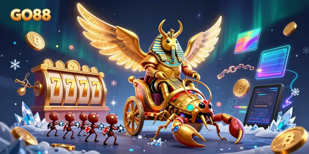 Experience thrilling action at GO88 with a dynamic casino scene featuring unique characters and vibrant game elements.