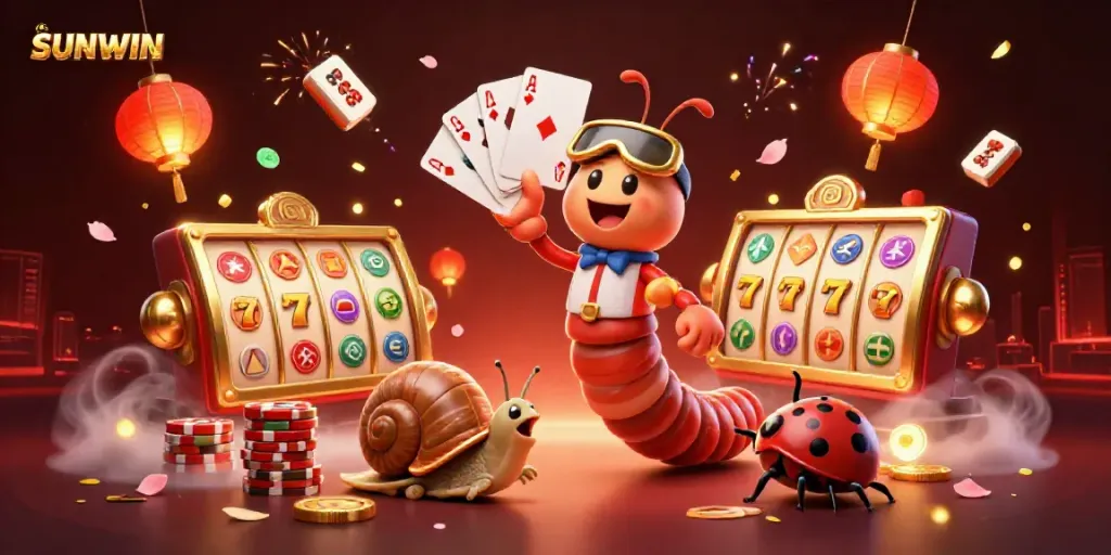 SUNWIN captures excitement with a vibrant dealer scene featuring playing cards, slot reels, and festive decorations.