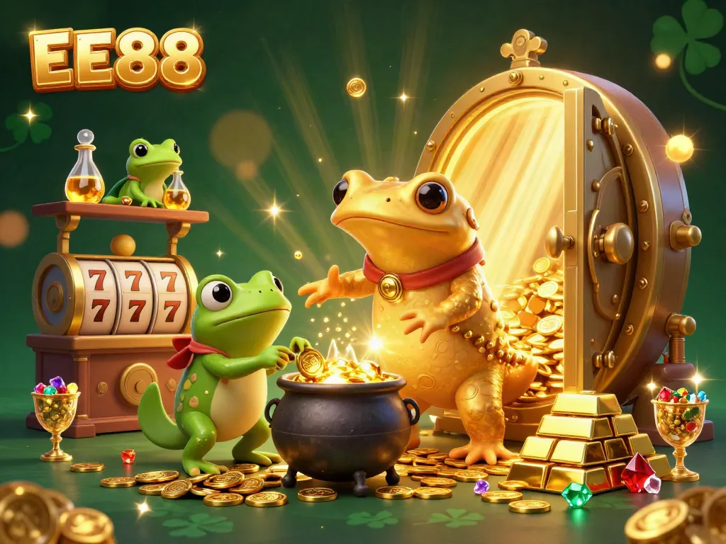 Experience the thrill of EE88 with a vibrant 3D illustration featuring an alchemist turning metals into gold coins among slot symbols and treasures.