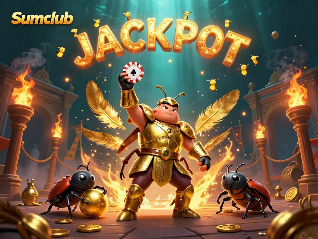 Engage with Sumclub's victory scene featuring heroic beetles celebrating a jackpot win.