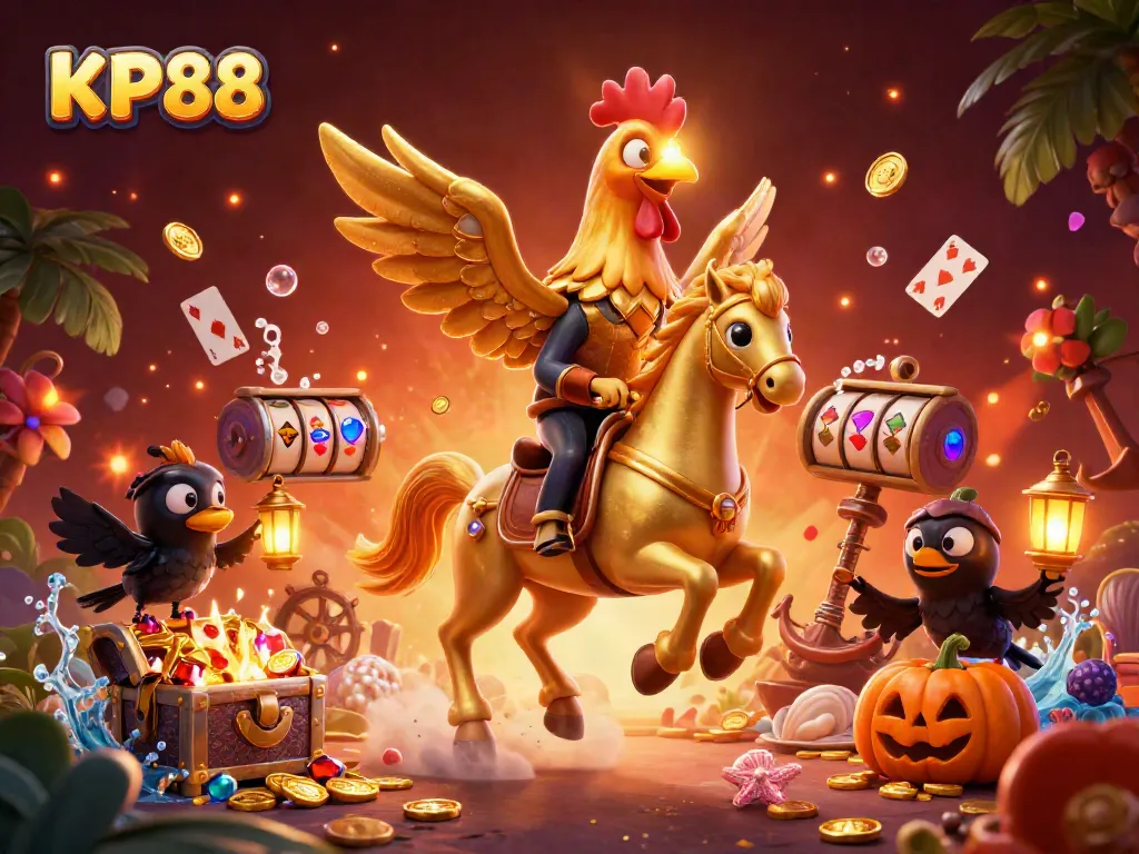 KP88 offers an exciting view of a vibrant casino scene with a mystical golden rooster and thrilling game elements.