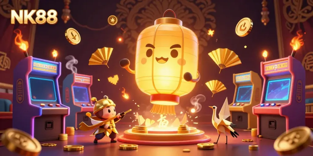 Experience the captivating NK88 casino atmosphere with a golden lantern spirit amid colorful arcade machines.