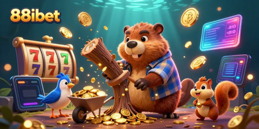 Experience 88ibet's vibrant casino scene with cartoon characters gathering gold coins amidst gaming elements.