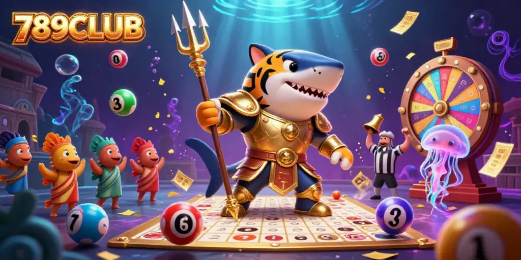 Join the excitement at 789CLUB with a vibrant underwater casino scene featuring a shark and colorful elements.