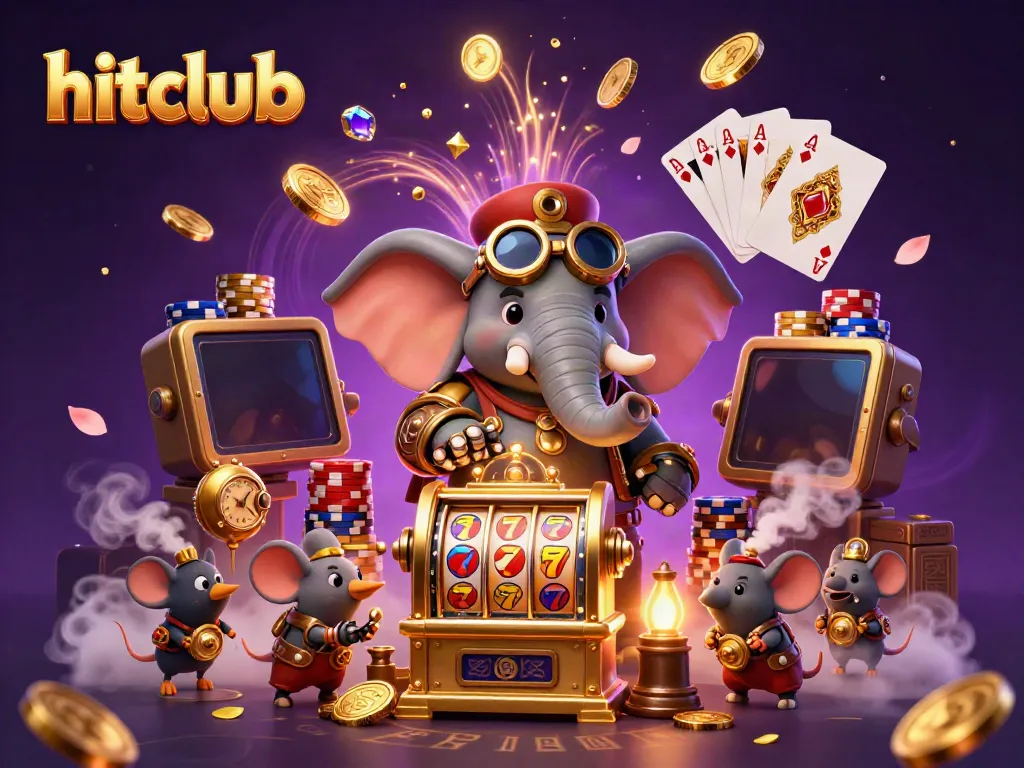 Win big with hitclub's vibrant steampunk casino scene showcasing a playful elephant engineer and slot machine.