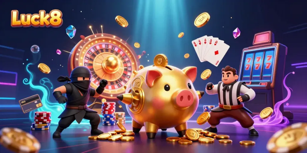 Experience thrilling games with Luck8 in a vibrant 3D casino scene featuring golden coins and dynamic characters.