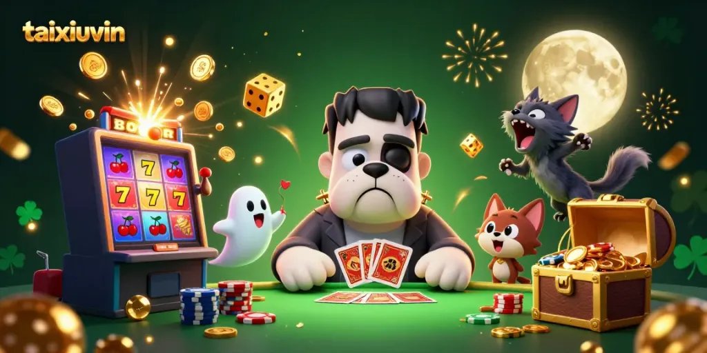 Engage in thrilling gameplay with the taixiuvin brand featuring fun casino characters at a vibrant gaming table.