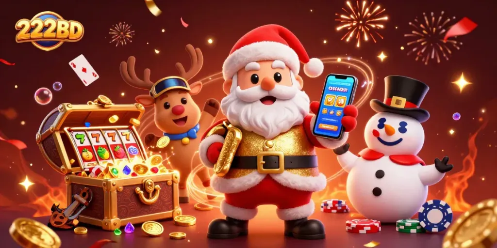 Win big with 222BD as Santa celebrates jackpots in a vibrant casino scene.
