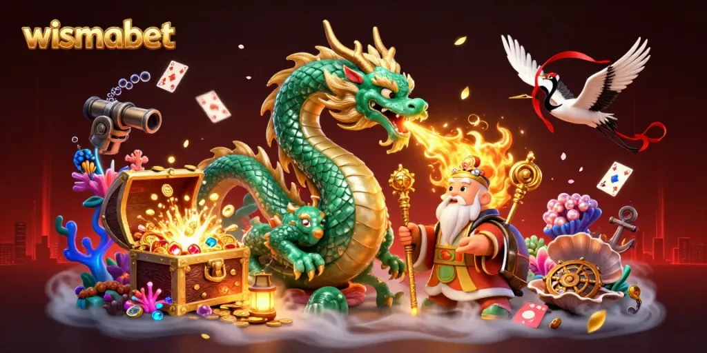 Menang di wismabet dengan simbol keberuntungan seperti naga dan kura-kura bijaksana dalam ilustrasi kasino