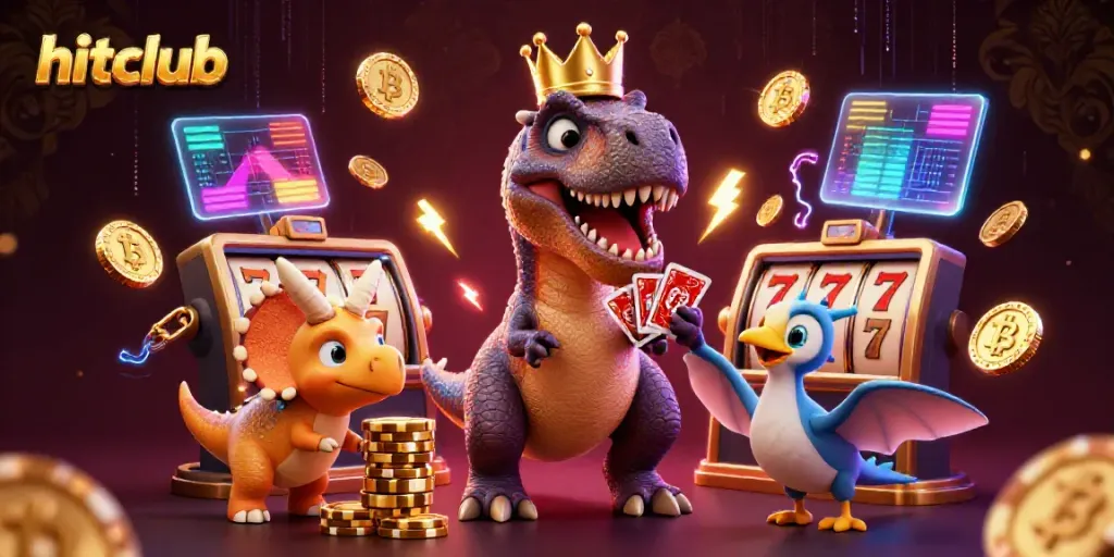Experience thrilling gaming at hitclub with colorful slot reels and cute cartoon characters in a lively casino scene.