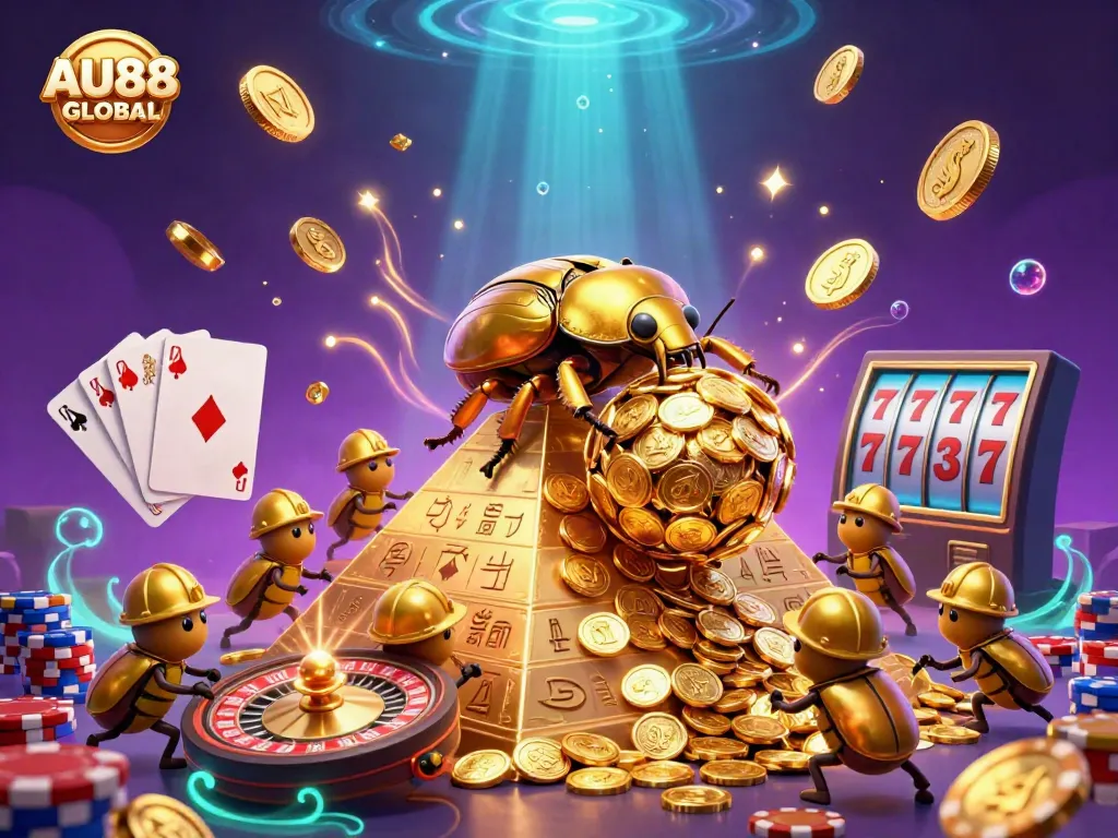 Experience gaming excitement at AU88 GLOBAL with a golden dung beetle pushing coins on a vibrant casino pyramid.