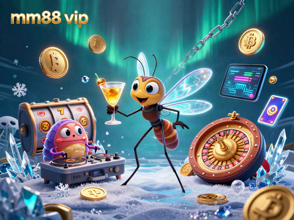 Engage with mm88 vip at a vibrant 3D casino illustrated scene featuring lively characters and crypto elements.