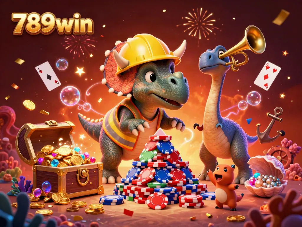 Celebrate wins with 789win as cheerful characters build poker chip pyramids in a vibrant casino-themed scene.