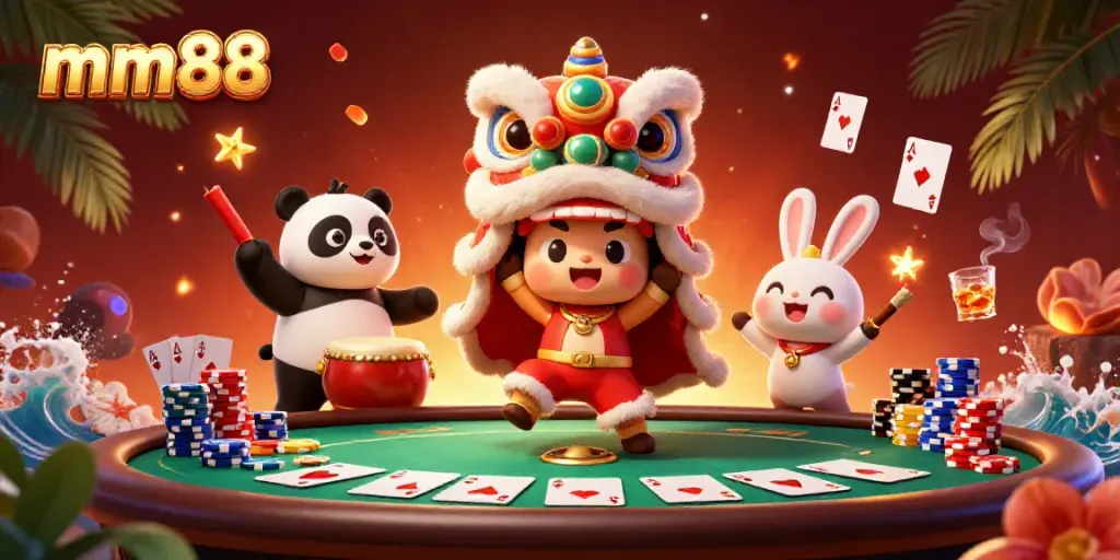 Experience vibrant mm88 casino-themed illustration with lion dance, poker elements, and celebratory characters.