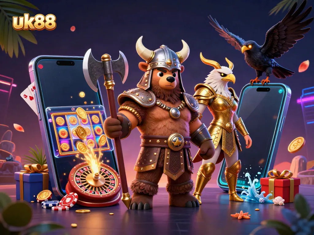 Engage in thrilling gaming action at uk88 with a Viking bear and Valkyrie eagle iconically illustrated.