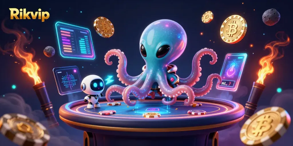 Experience thrilling gameplay with Rikvip in a captivating alien poker scene featuring vibrant cosmic elements.