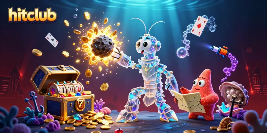 Hitclub's 3D galactic samurai mantis shrimp punches through an asteroid while gold coins and slot symbols explode